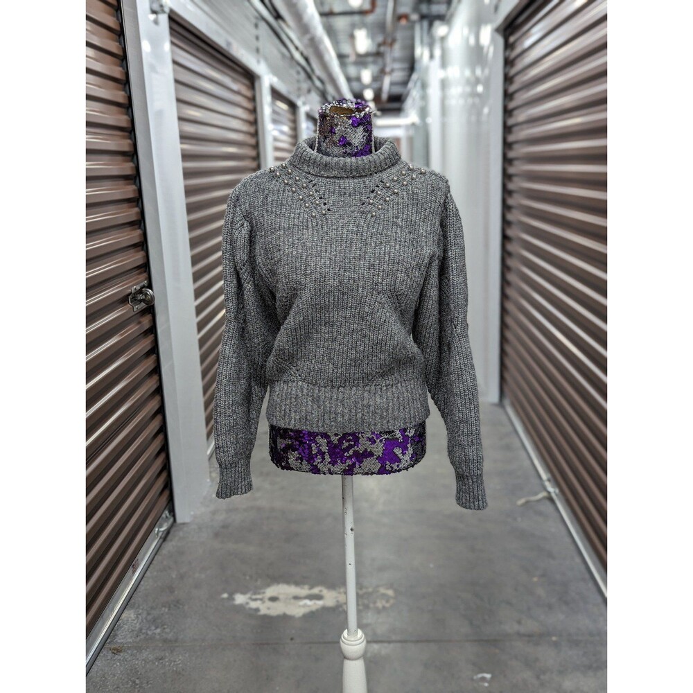 Guess Oversized Medium Pearl Embellished Grey Sweater mock neck